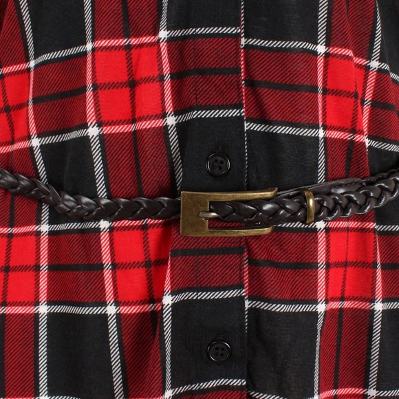 Half Sleeve Plaid Shirt Dress with Belt Red Black - Picture 3 of 8